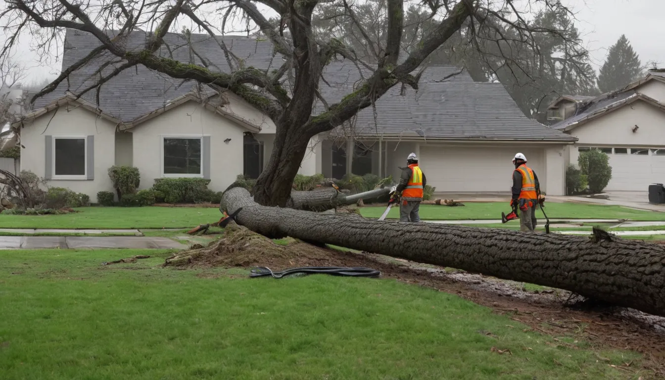 Fallen tree trunk resting beside a stucco home in Long Beach while a tree provider plans safe cuts