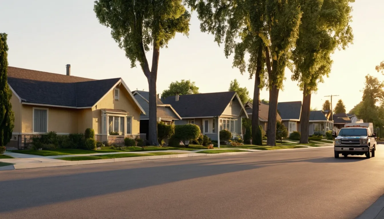 A neighborhood street in the Long Beach area with mature trees beside older single-story homes