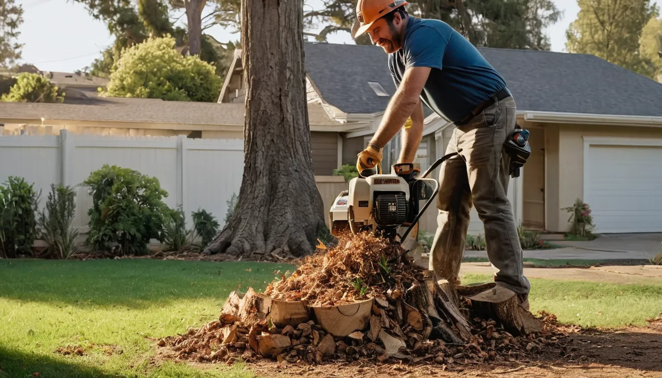 Stump grinder cutting an old tree stump in a Long Beach backyard, wood chips piled nearby